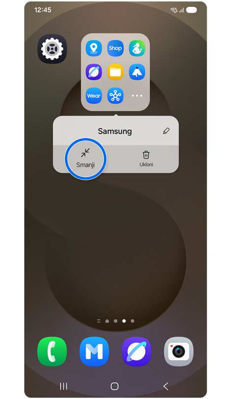 Početni ekran sa iskačućim menijem podešavanja fascikle iz uvećane fascikle aplikacije sa istaknutom opcijom "Smanji".