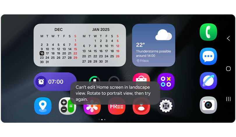 Home screen in landscape mode displaying a notification that says the home screen cannot be edited.