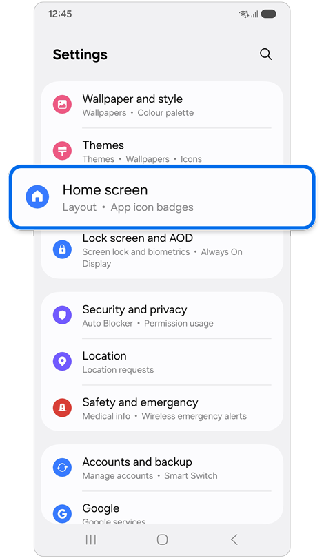 Settings menu with ‘Home screen’ highlighted.