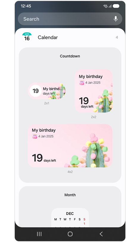 Various widget formats displayed in the recommended widgets list.
