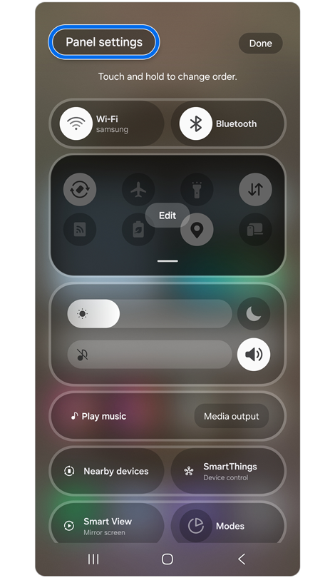 Quick settings panel with editing enabled.