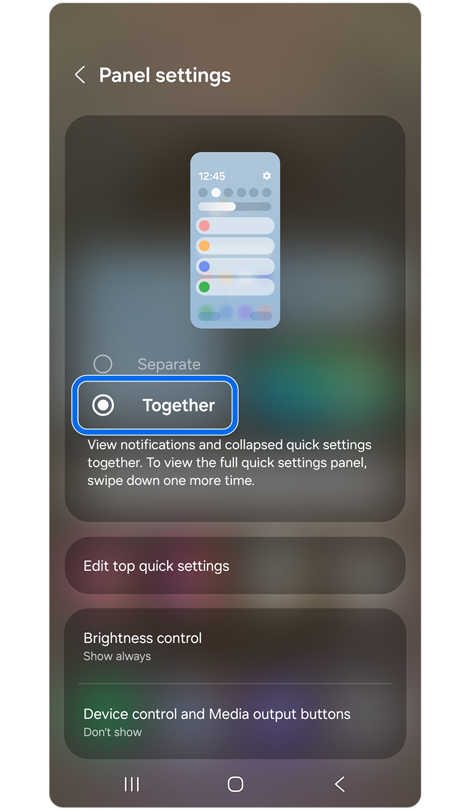 Panel settings screen.
