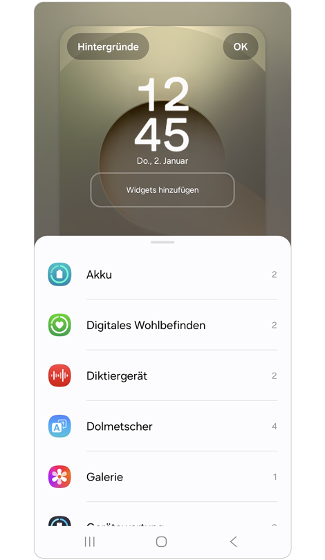 Optionen für kurze Widgets werden angezeigt.