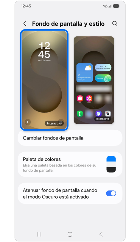 Pantalla de ajustes de fondo de pantalla y estilo.