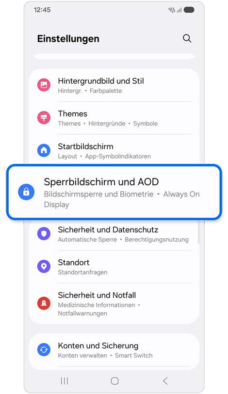 Sperrbildschirm und AOD ist in den Einstellungen markiert.