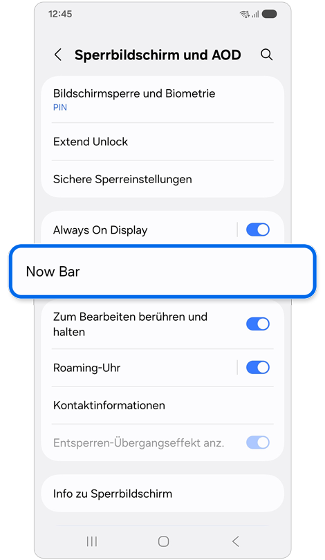Now Bar ist im Bereich Sperrbildschirm und AOD markiert.