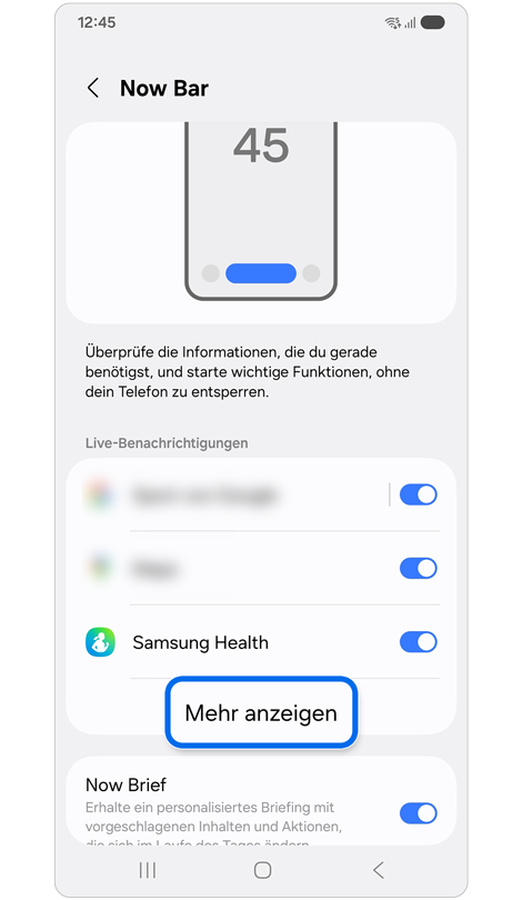 Mehr anzeigen ist in den Einstellungen der Now Bar markiert.