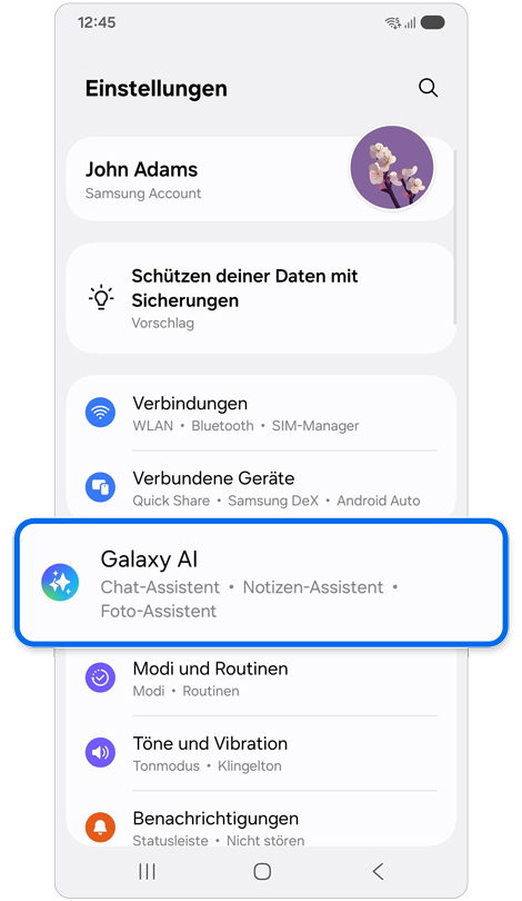 Galaxy AI ist in den Einstellungen markiert.