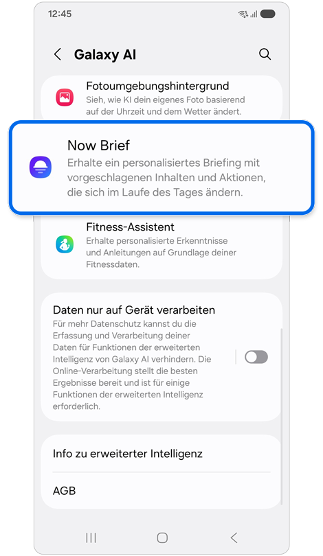 Now Brief ist im Bereich Galaxy AI markiert.