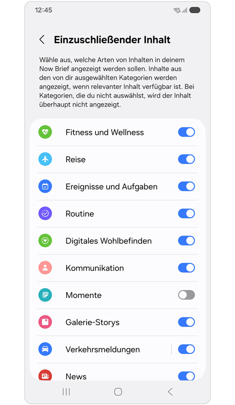 Liste der Inhalte von Now Brief wird angezeigt.