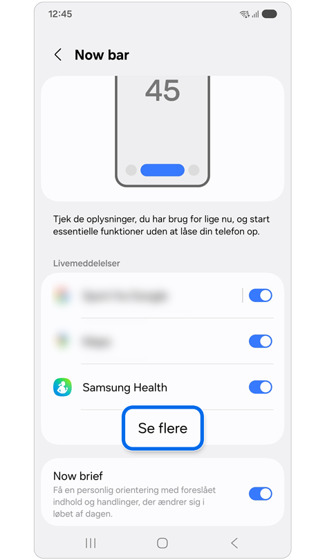 Indstillinger for Now bar skærm.