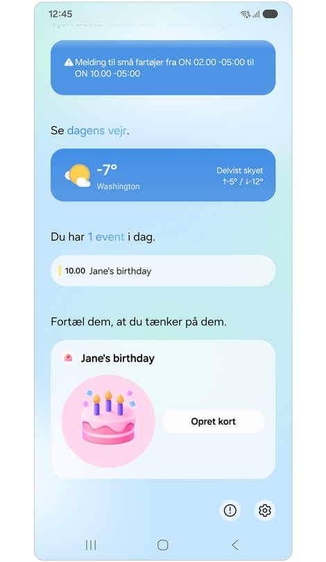 En fødselsdagsnotifikation dukkede op på Now brief-skærmen.