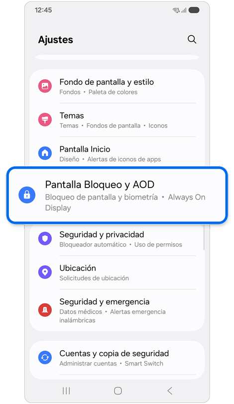 Pantalla de inicio de ajustes.