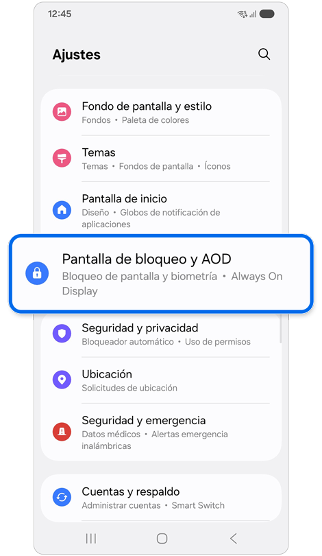 Pantalla de inicio de ajustes.