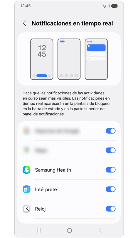 Ajustes de notificaciones en vivo de Now bar.