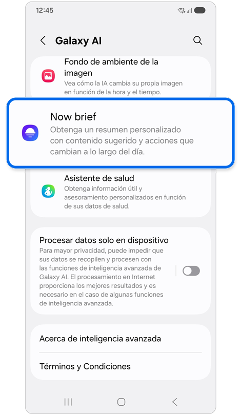 Pantalla de ajustes de Galaxy AI.