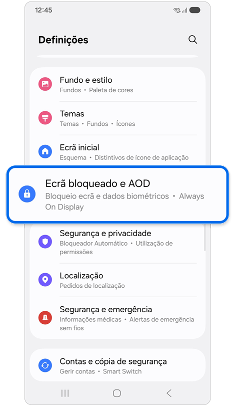 Ecrã principal de definições.