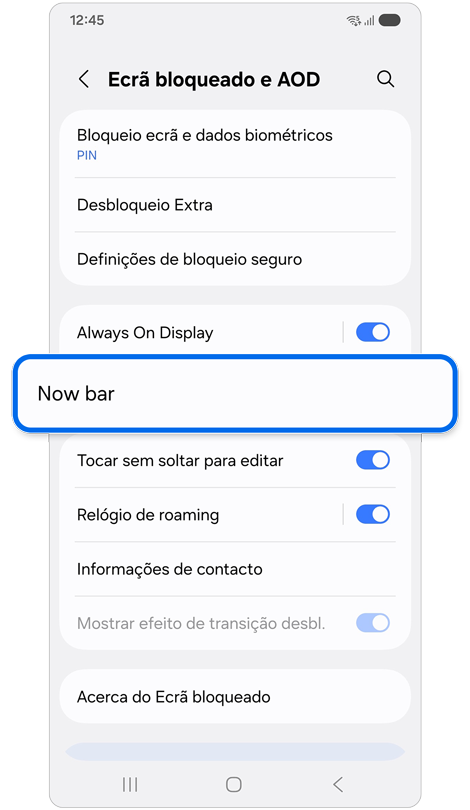Ecrã de bloqueio e ecrã de definições de AOD.