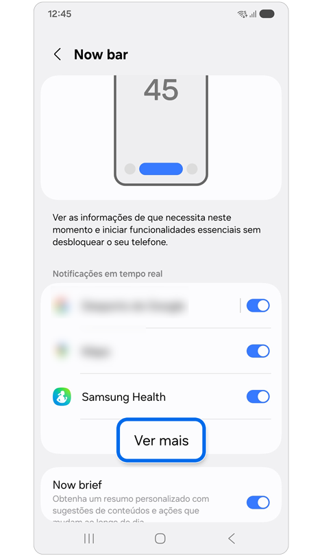 Ecrã de definições da Now bar.