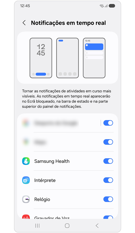 Now bar ecrã de definições de notificações ao vivo.