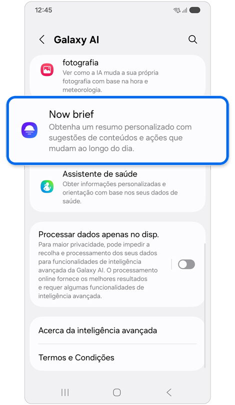 Ecrã de definições do Galaxy AI.