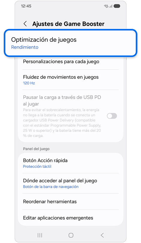 Pantalla de ajustes de Game Booster.