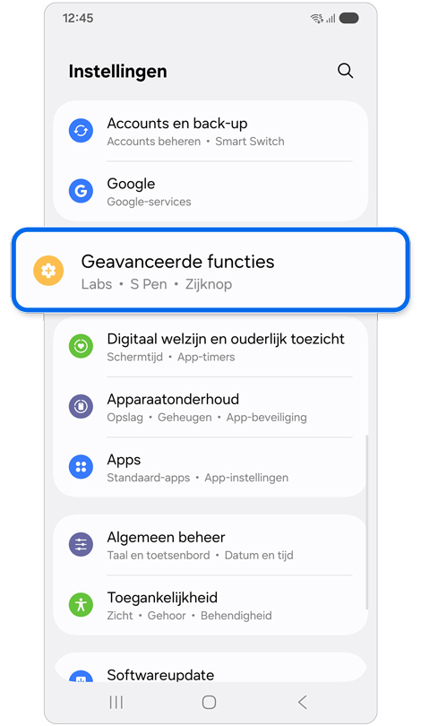 Instellingen startscherm.