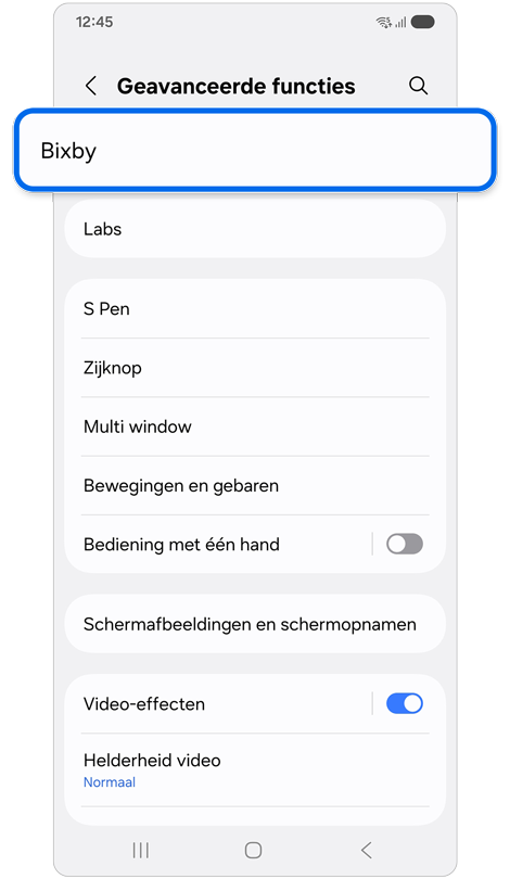 Instellingen scherm voor geavanceerde functies.