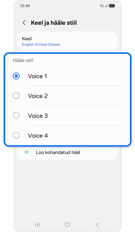 Keele- ja hääle stiili seadete leht Samsungi seadmes, kus kuvatakse valikuks saadaolevate erinevate hääle stiilide loend.