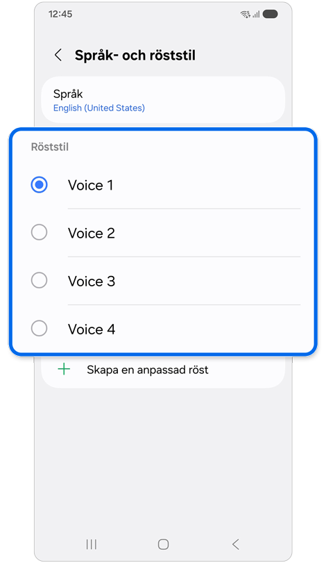 Språk- och röststilsinställningssida på en Samsung-enhet, som visar en lista över olika röststilsalternativ som finns tillgängliga för val.