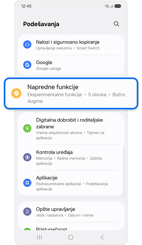 Početni ekran Podešavanja.