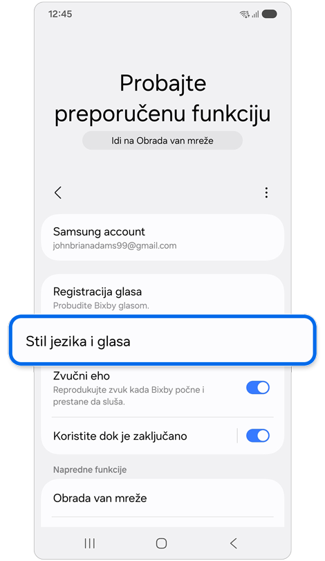 Početni ekran podešavanja za Bixby.