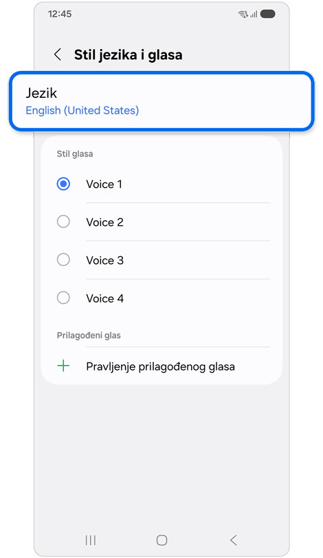 Stranica postavki jezika i stila glasa na Samsung uređaju.