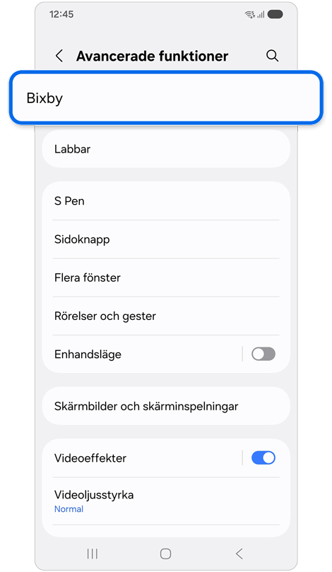 Inställningsskärm för avancerade funktioner.
