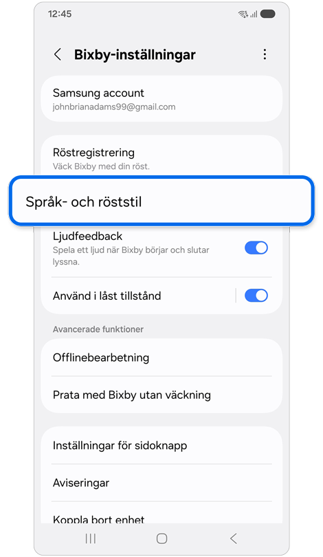 Bixby-inställningar hemskärm.