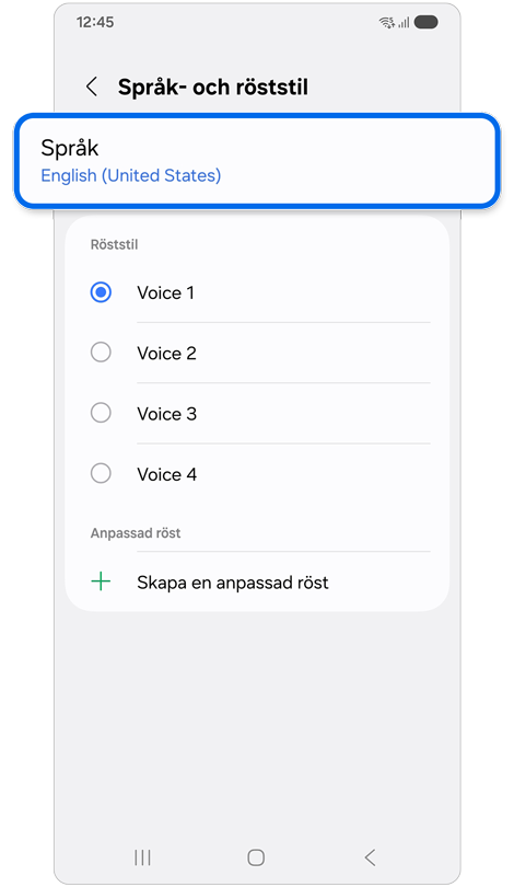 Språk- och röstinställningssida på en Samsung-enhet.