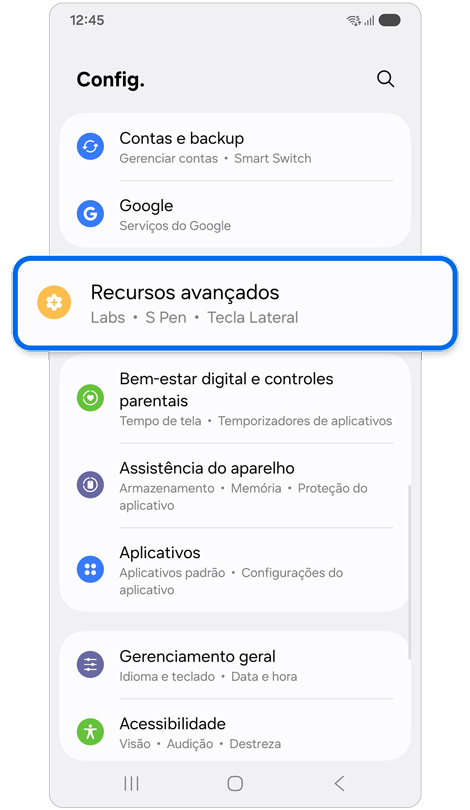Tela inicial de configurações.