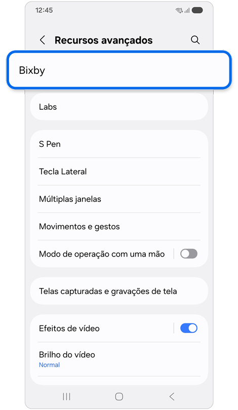 Tela de configurações de recursos avançados.