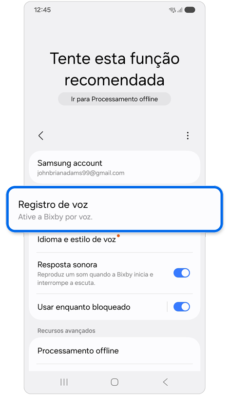 Tela inicial das configurações do Bixby.