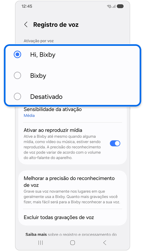 Página de configurações de registro de voz do Bixby exibindo opções de frase de ativação.
