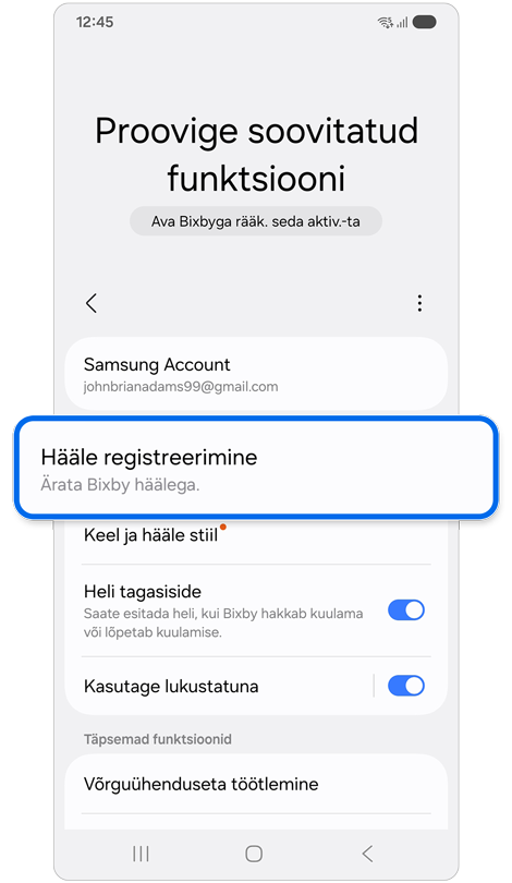 Bixby seadete avaekraan.
