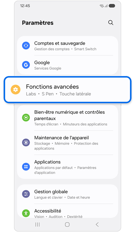 Menu des paramètres sur un Samsung Galaxy.