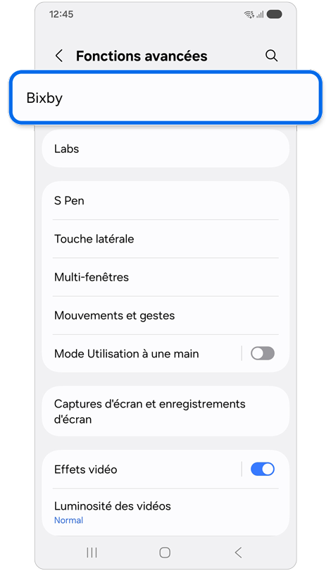 Menu des fonctions avancées sur un Samsung Galaxy.