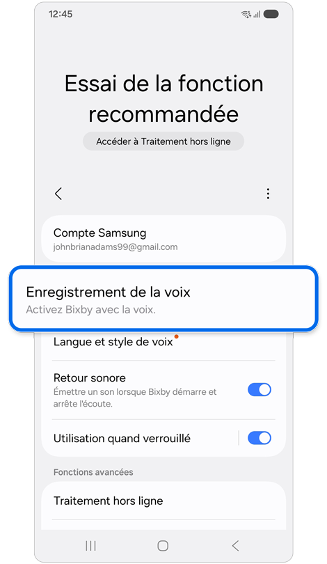Écran d'accueil des paramètres Bixby sur un Samsung Galaxy.