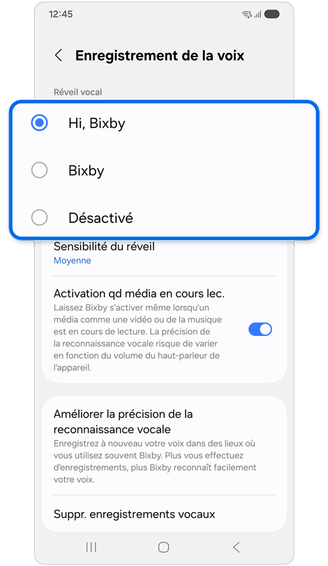 Écran de sélection de la phrase de réveil pour Bixby sur un Samsung Galaxy.