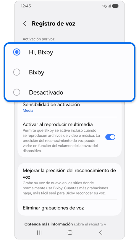 Página de configuración de registro de voz de Bixby que muestra las opciones de frase de activación.