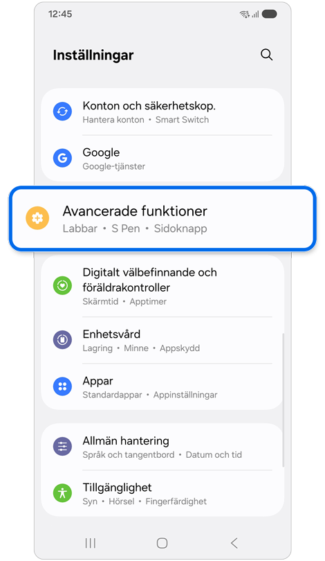 Inställningar hemskärm.