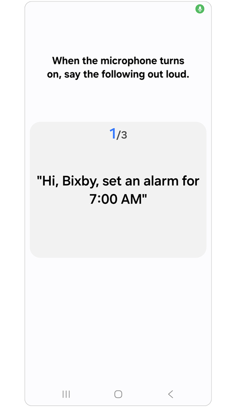 Bixby-röstregistreringssida som visar kommandon att spela in.