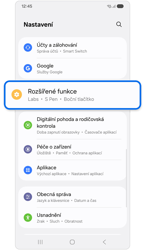 Domovská obrazovka nastavení.