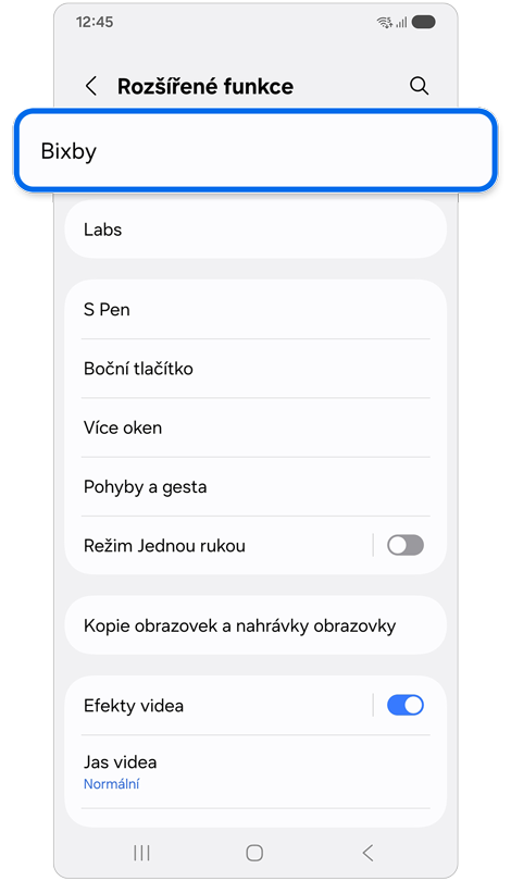 Obrazovka nastavení rozšírených funkcí.